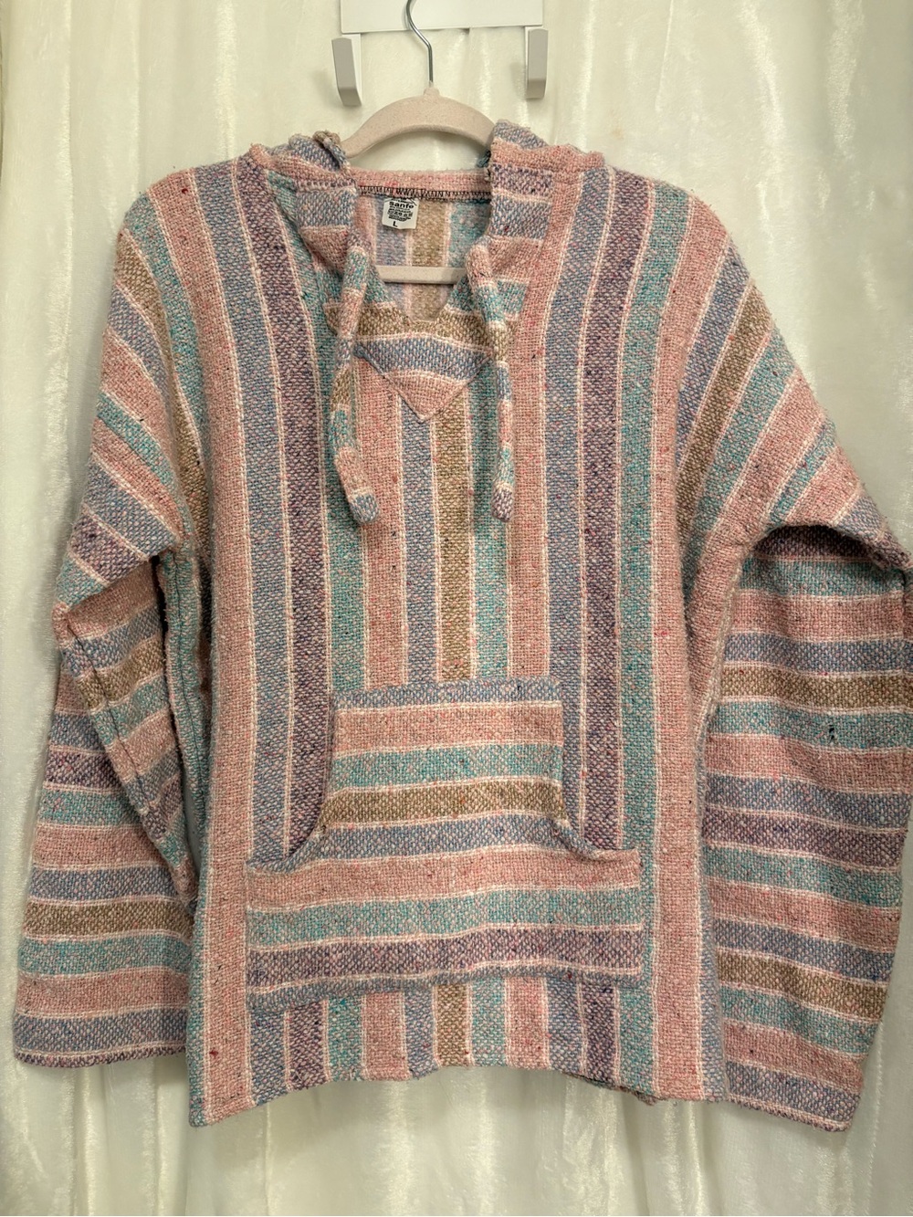 Striped Hooded Baja-Style Knit Pullover in Pastel Stripes